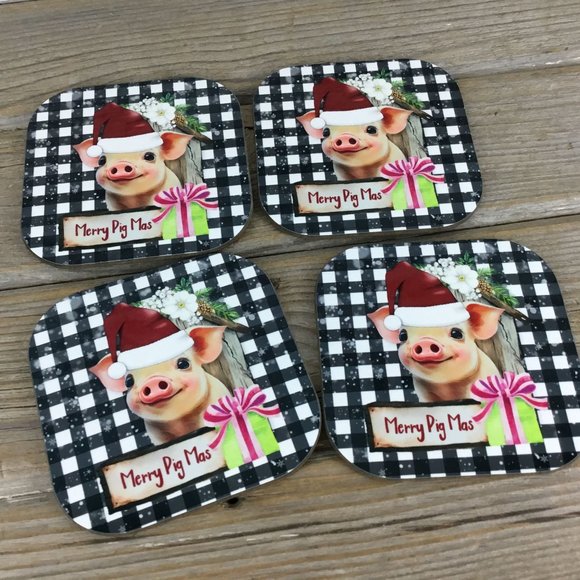 Merry Pigmas Christmas Drink Coasters Set of 4 - Picture 1 of 7